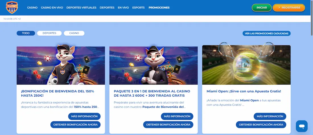 Promociones y bonos de FeliceBet Casino con paquete de bienvenida y giros gratis