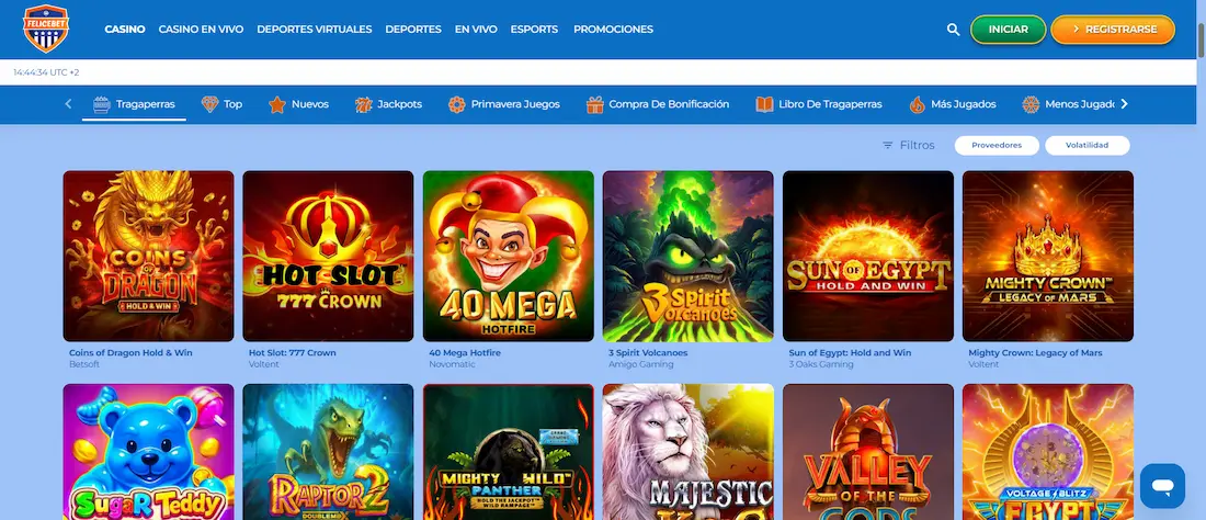 Catálogo de tragamonedas y juegos en vivo disponibles en FeliceBet Casino