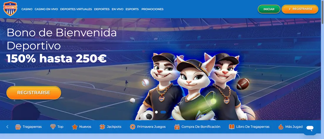 Página principal de FeliceBet Casino con mascota felina y bono de bienvenida de 2600€