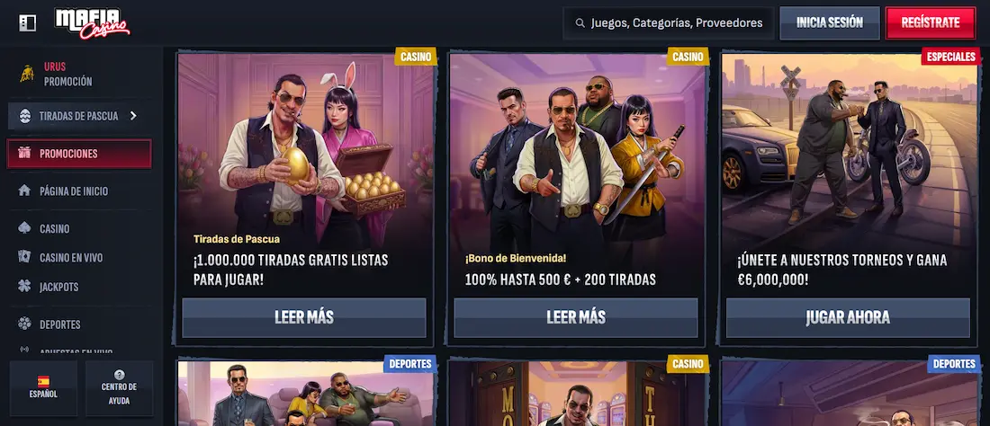 Sección de bonos y promociones de Mafia Casino con bono de 500€