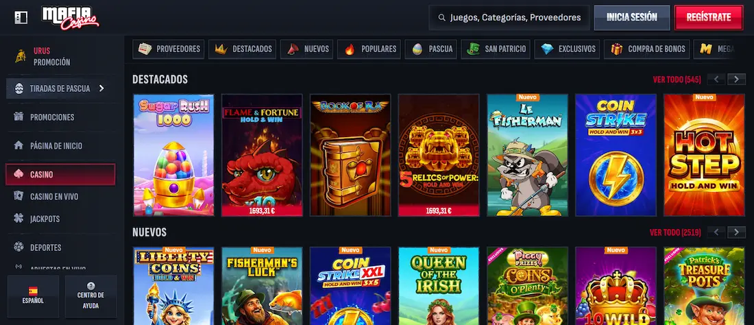 Catálogo de tragamonedas y juegos en vivo de Mafia Casino