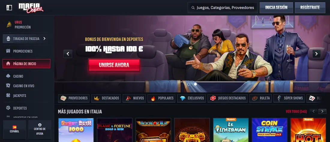 Página principal de Mafia Casino con bono de bienvenida y catálogo de juegos