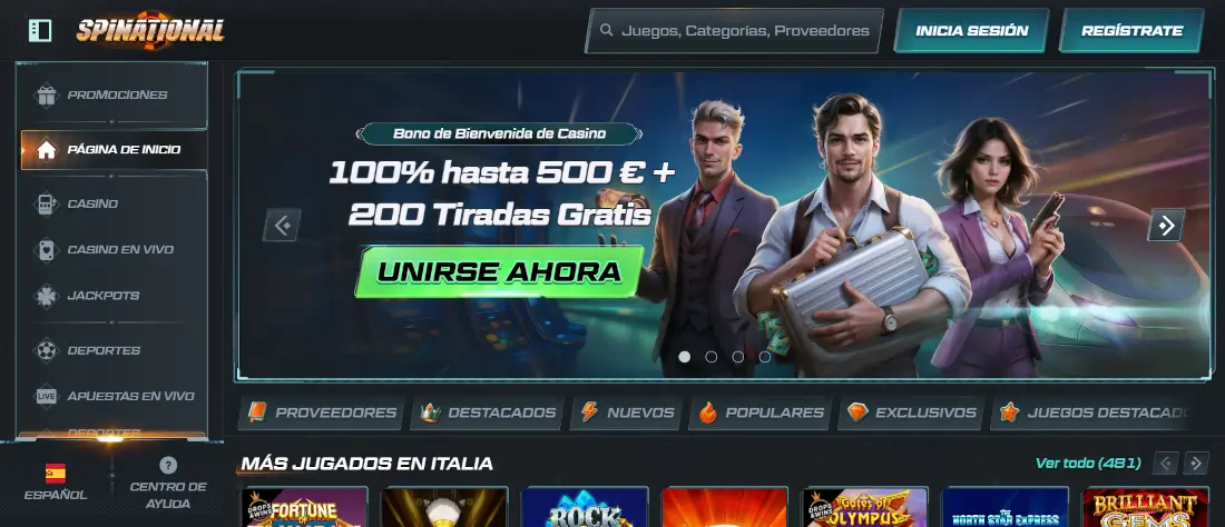 Página principal de Spinational Casino