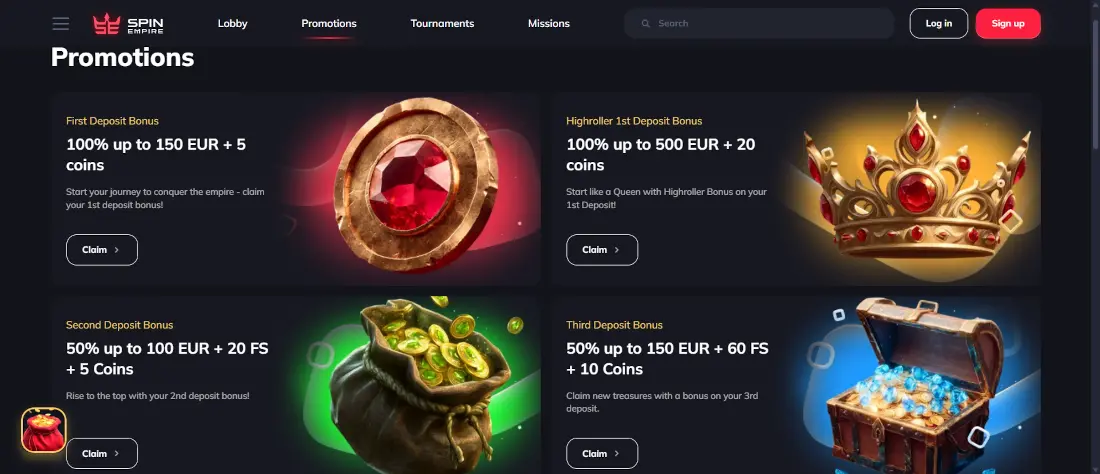 Promociones y bonos de SpinEmpire Casino con paquete de bienvenida y tiradas gratis