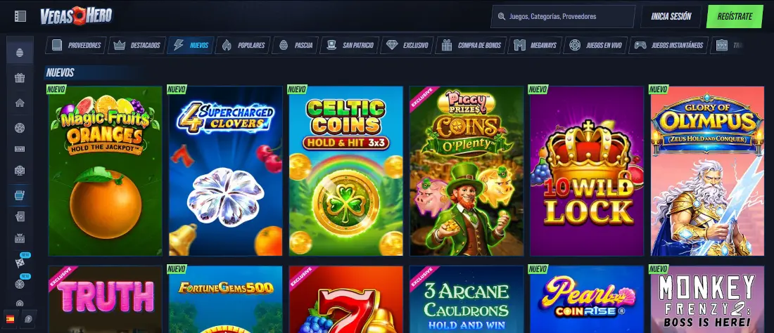 Catálogo de juegos de VegasHero Casino con más de 8000 títulos de 80 proveedores