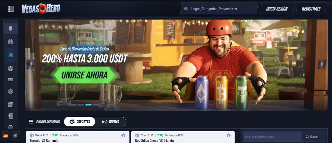 Página principal de VegasHero Casino con personajes de cómic y bono de bienvenida de 500€