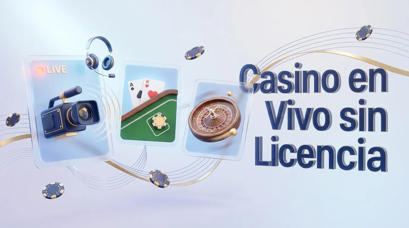 lustración 3D de cámara de transmisión profesional con indicador LIVE, mesa de blackjack y ruleta en movimiento, representando casino en vivo sin licencia con crupieres reales en streaming