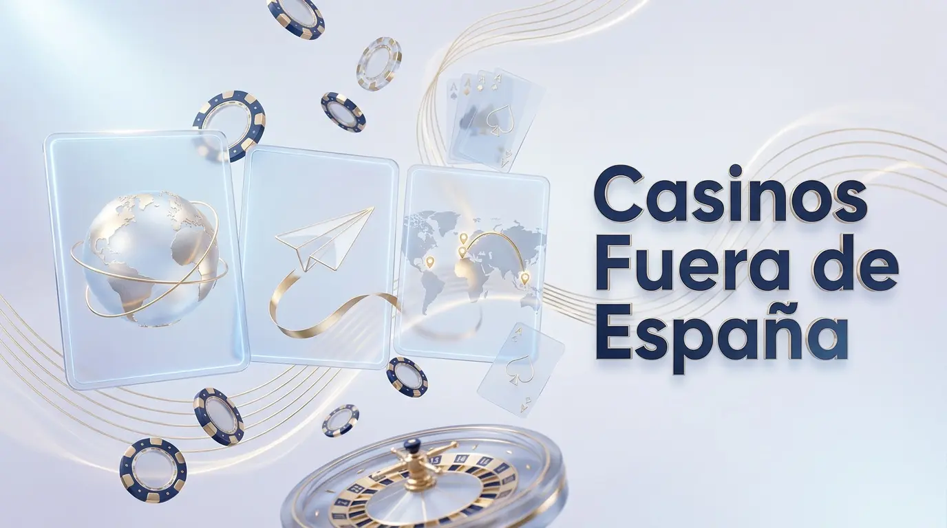 Ilustración 3D de un globo terráqueo dorado, mapa mundial con marcadores en jurisdicciones internacionales y avión de papel, representando casinos fuera de España disponibles para jugadores españoles