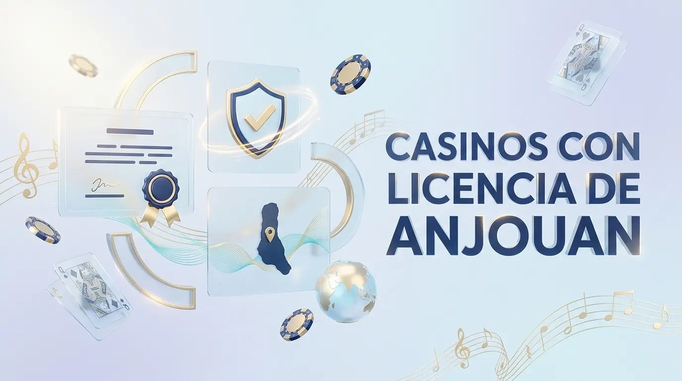 Ilustración 3D de un certificado moderno con sello dorado, escudo de protección y silueta de isla en el océano Índico, representando casinos con licencia de Anjouan disponibles en España