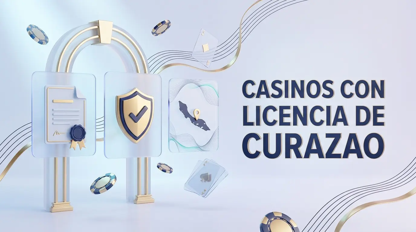 Ilustración 3D de un certificado oficial con sello dorado, escudo de protección y silueta de la isla caribeña en el mapa, representando casinos con licencia de Curazao para jugadores españoles