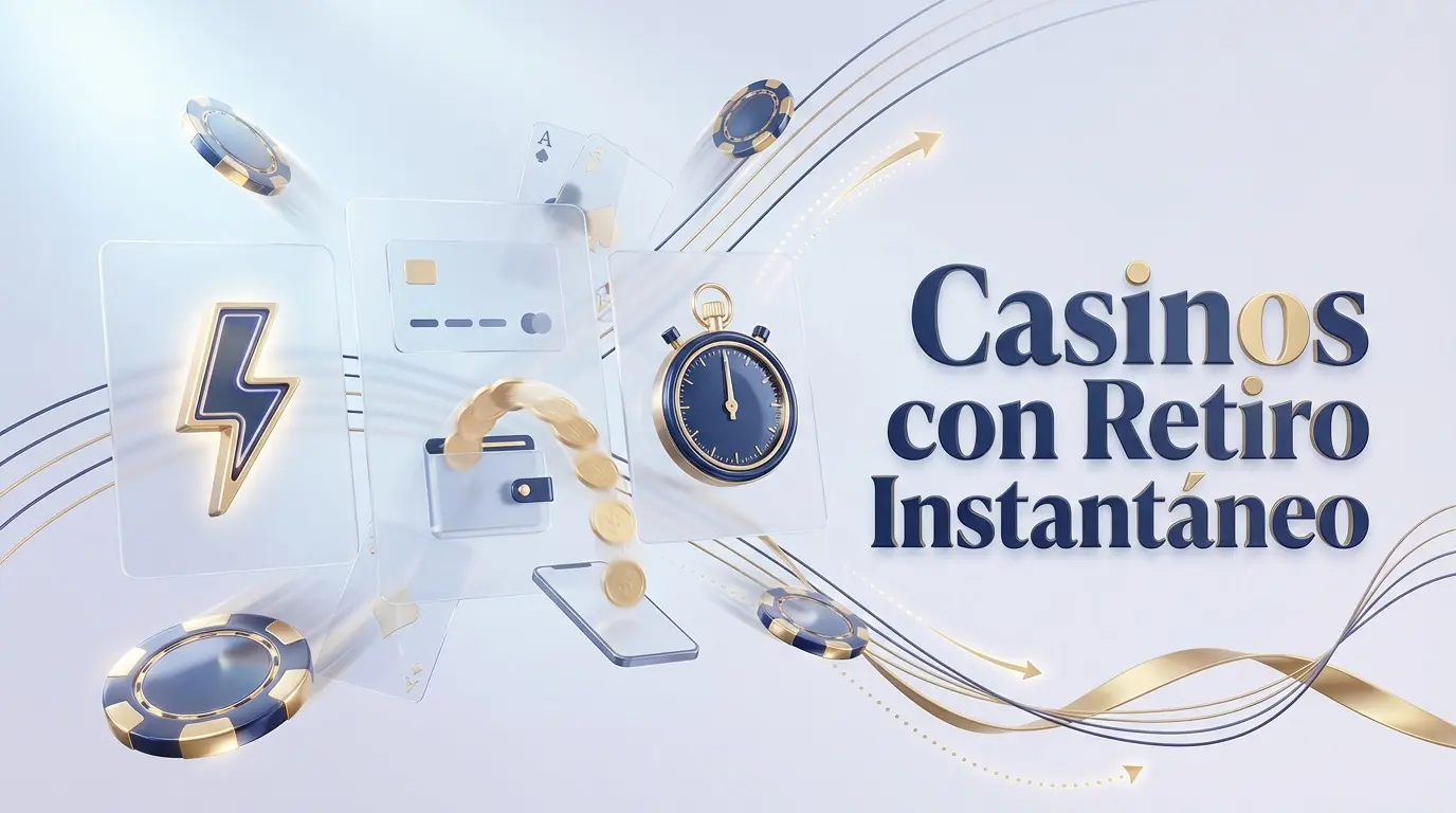 Ilustración 3D de un rayo dorado, cronómetro a cero segundos y monedas fluyendo desde una tarjeta de pago hacia un móvil, representando casinos con retiro instantáneo y transferencias rápidas