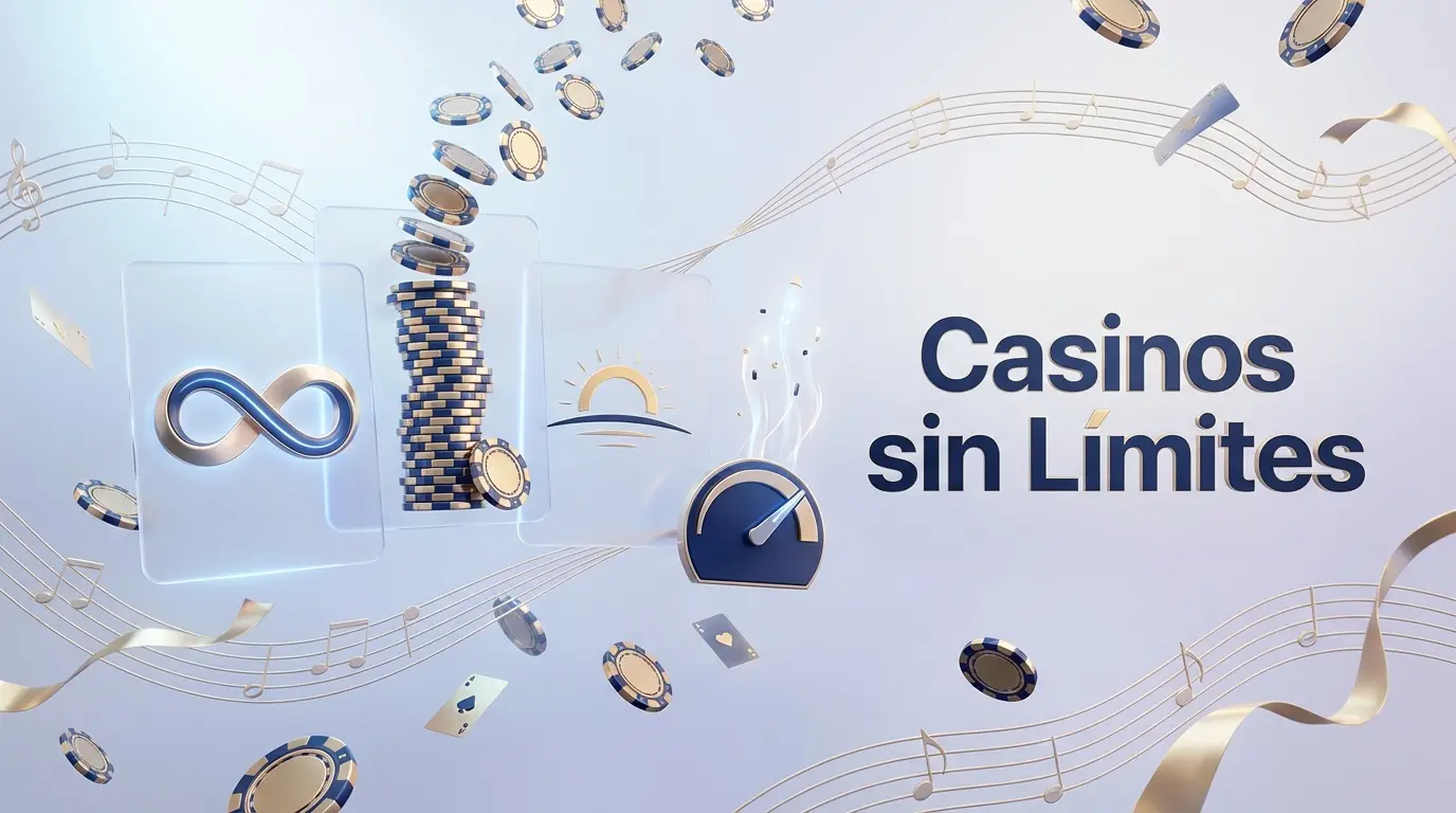 Ilustración 3D de un símbolo de infinito dorado, pila ascendente de fichas de casino y horizonte abierto, representando casinos sin límites de depósito ni apuestas para jugadores de altas apuestas