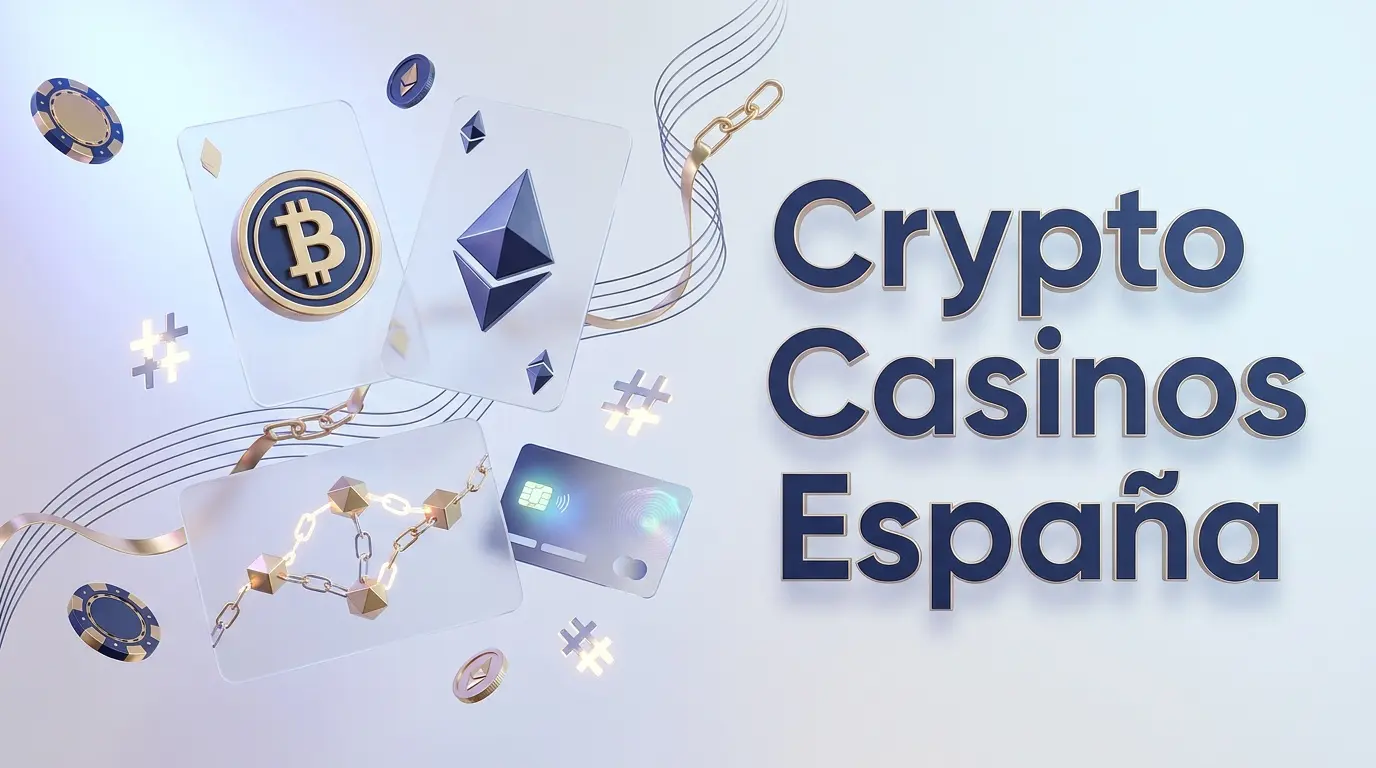 Ilustración 3D de monedas Bitcoin y Ethereum doradas, cartera digital y red blockchain conectada con líneas musicales, representando los mejores crypto casinos España con criptomonedas
