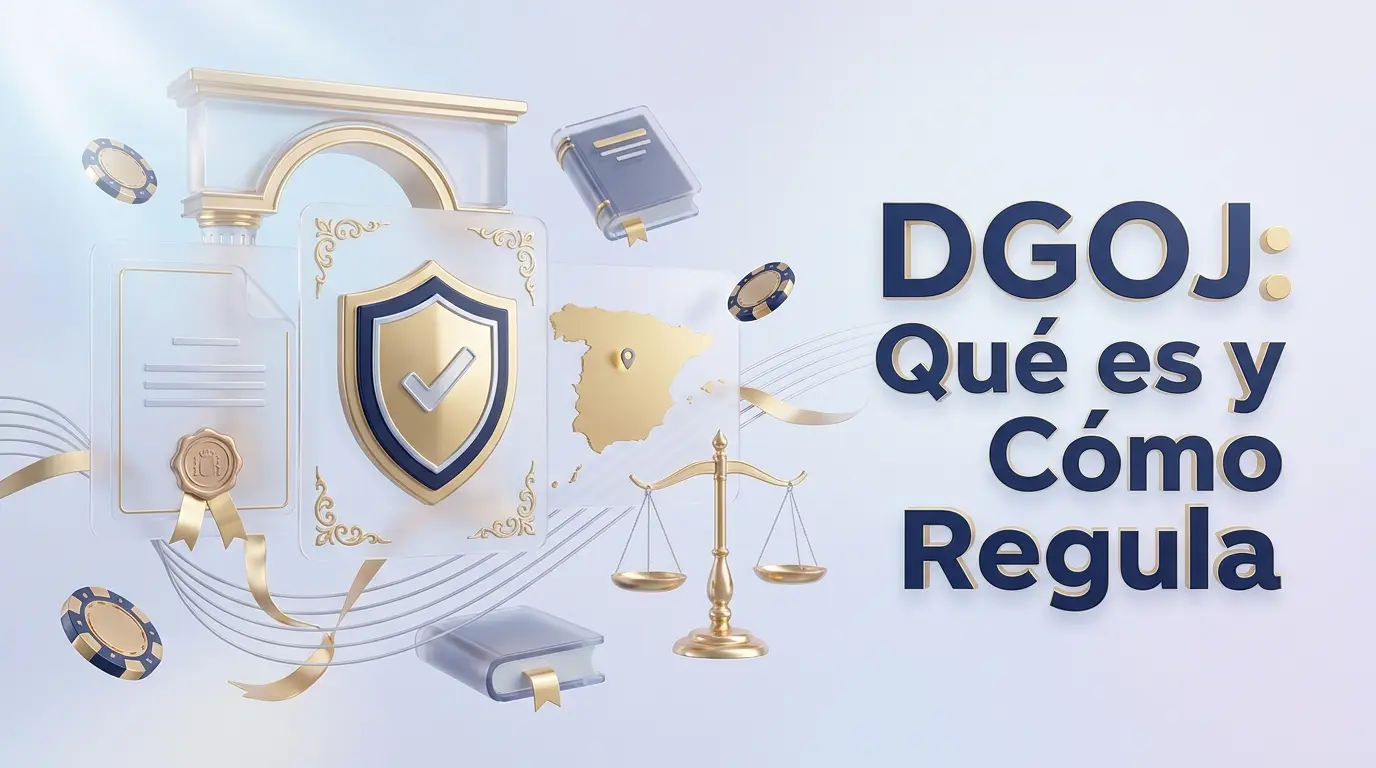 Ilustración 3D de un certificado gubernamental español, escudo institucional, balanza de la justicia y silueta de la Península Ibérica, representando qué es la DGOJ y cómo regula el juego online en España