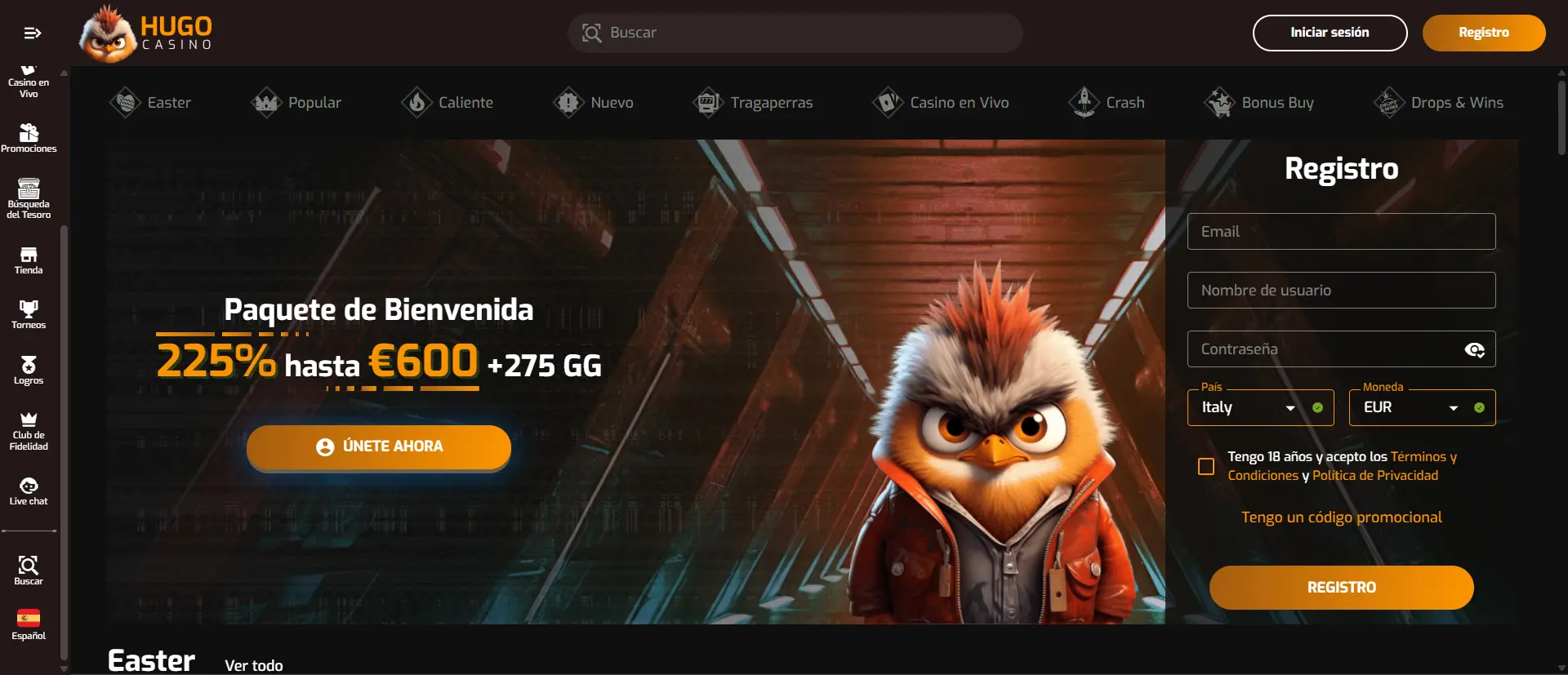 Página principal de Hugo Casino con la mascota Hugo y catálogo de juegos