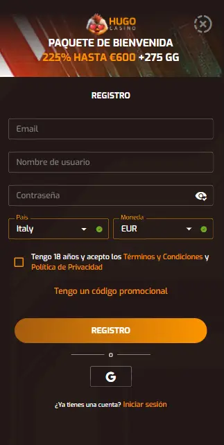 Pantalla de login de Hugo Casino en versión móvil