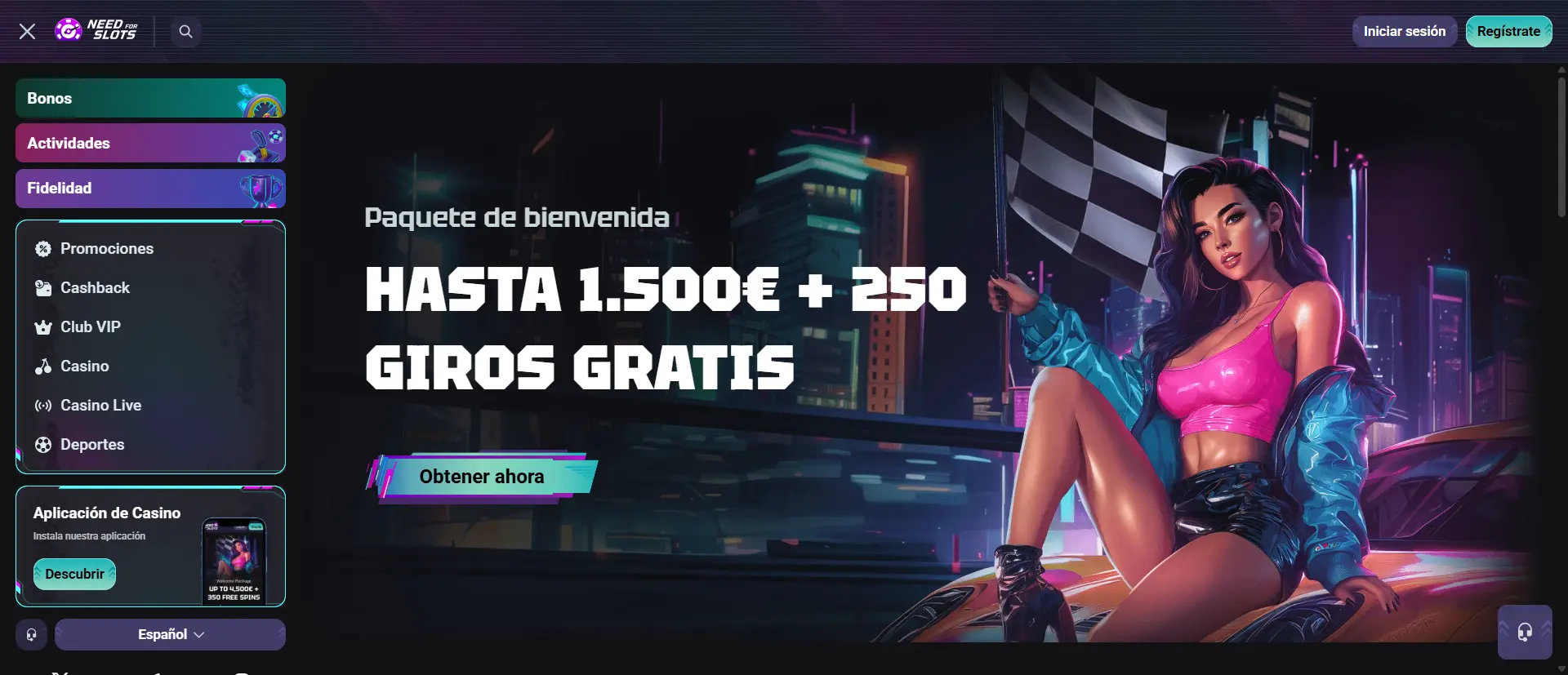 Página principal de NeedForSlots Casino con bono de bienvenida y catálogo de juegos