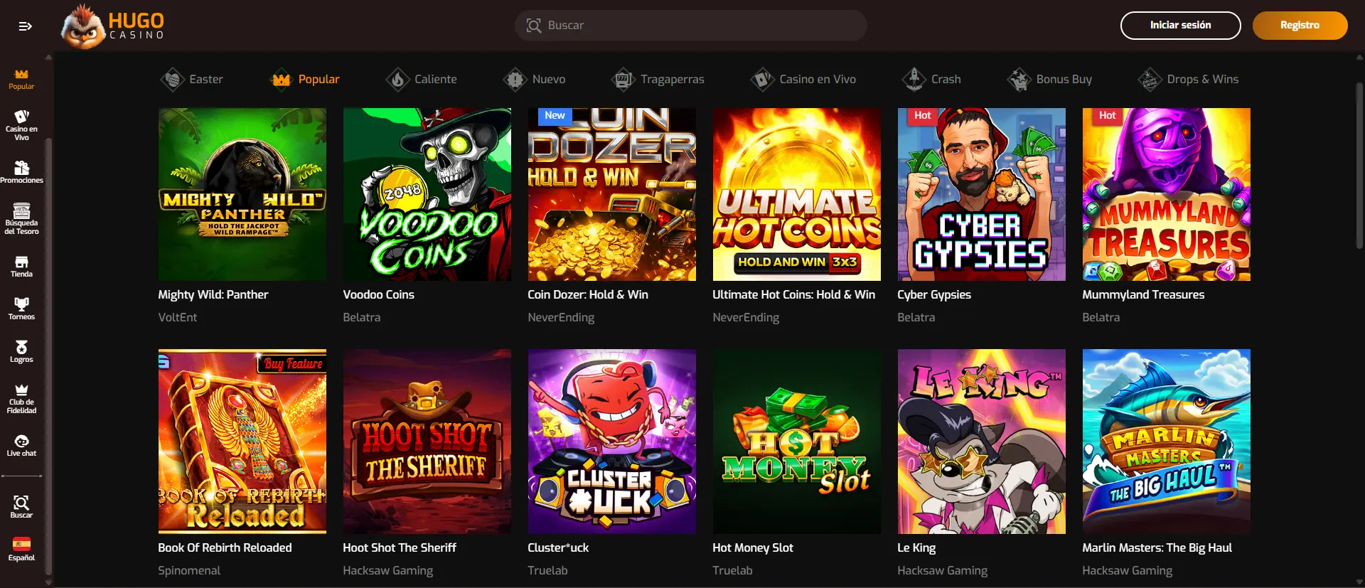 Tragamonedas populares de Hugo Casino con slots de Pragmatic Play y Play'n GO