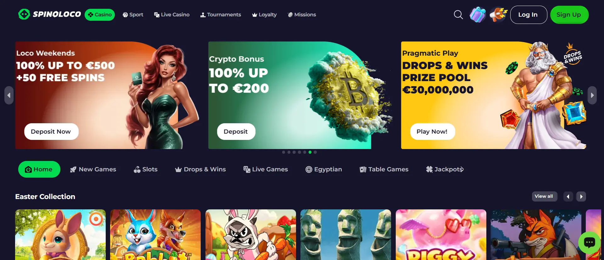 Página principal de Spinoloco Casino con diseño moderno y catálogo de juegos