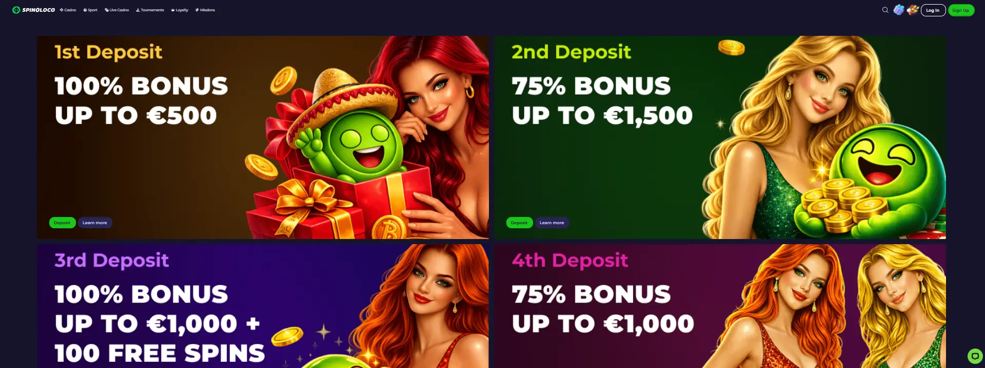 Paquete de bonos de bienvenida de Spinoloco Casino hasta 2000€ y 250 giros gratis