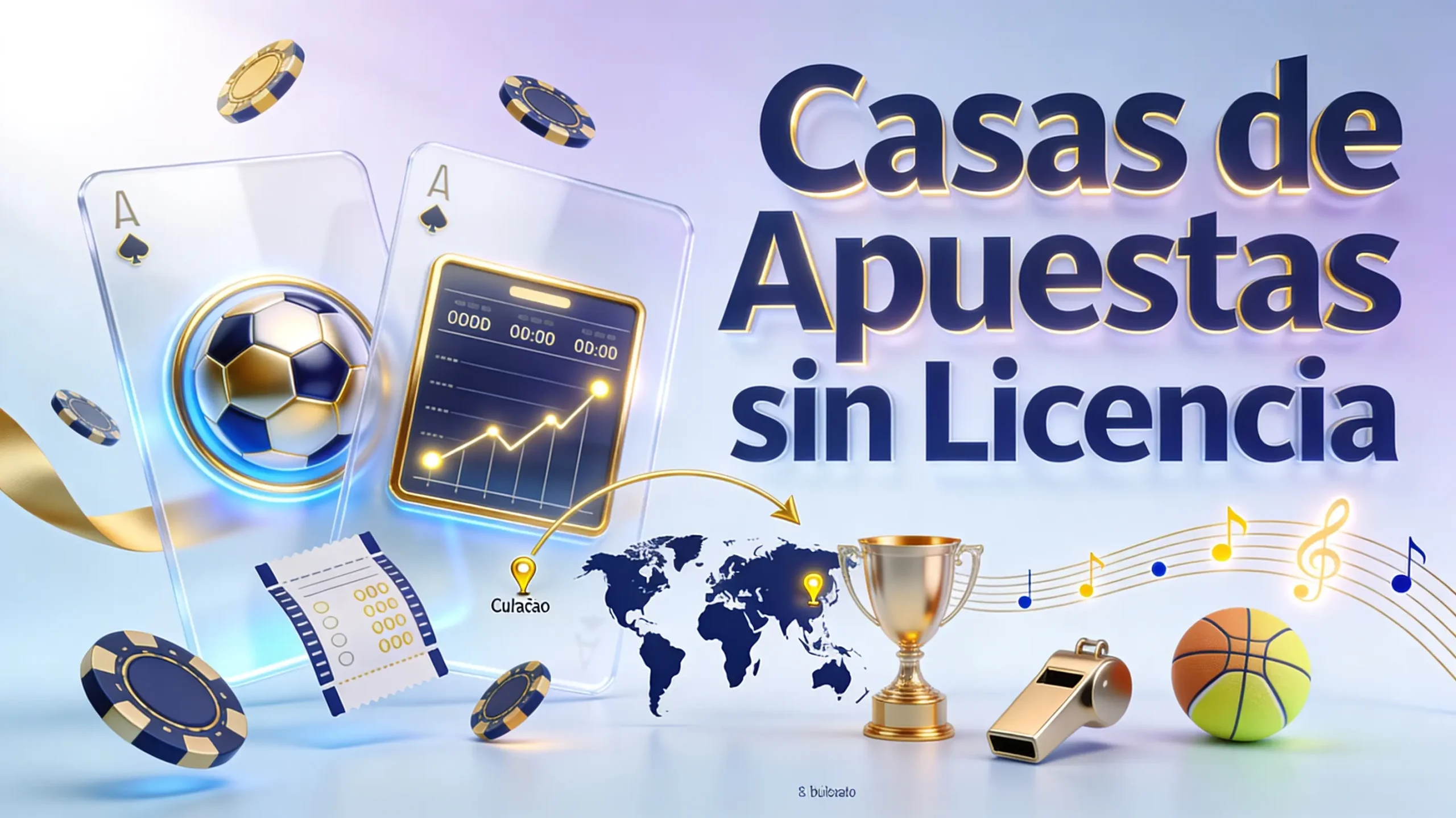 Ilustración 3D de un balón de fútbol dorado, boleto de apuestas, marcador deportivo y mapa con jurisdicciones offshore, representando las mejores casas de apuestas sin licencia disponibles para jugadores españoles.