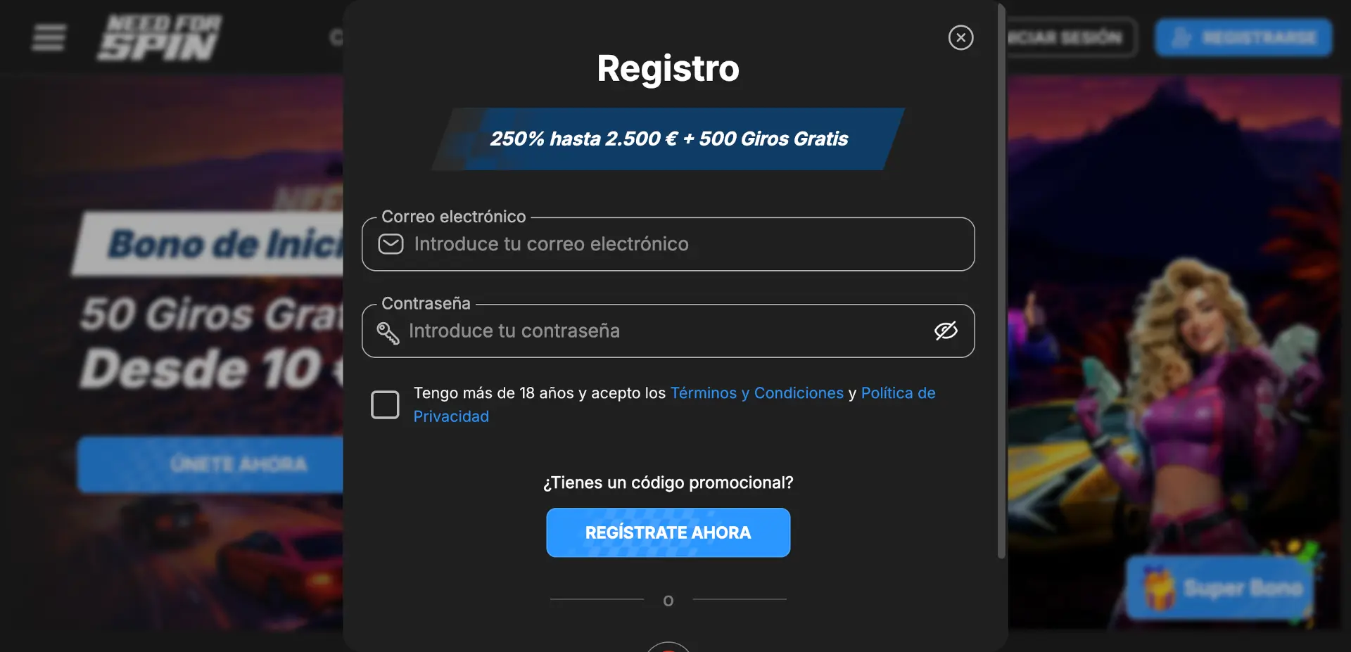 Registro en Need for Spin Casino