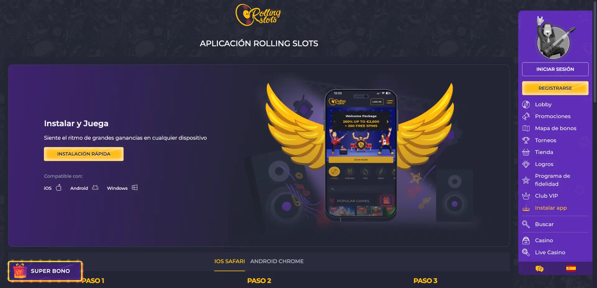 Versión móvil y aplicación de Rolling Slots Casino