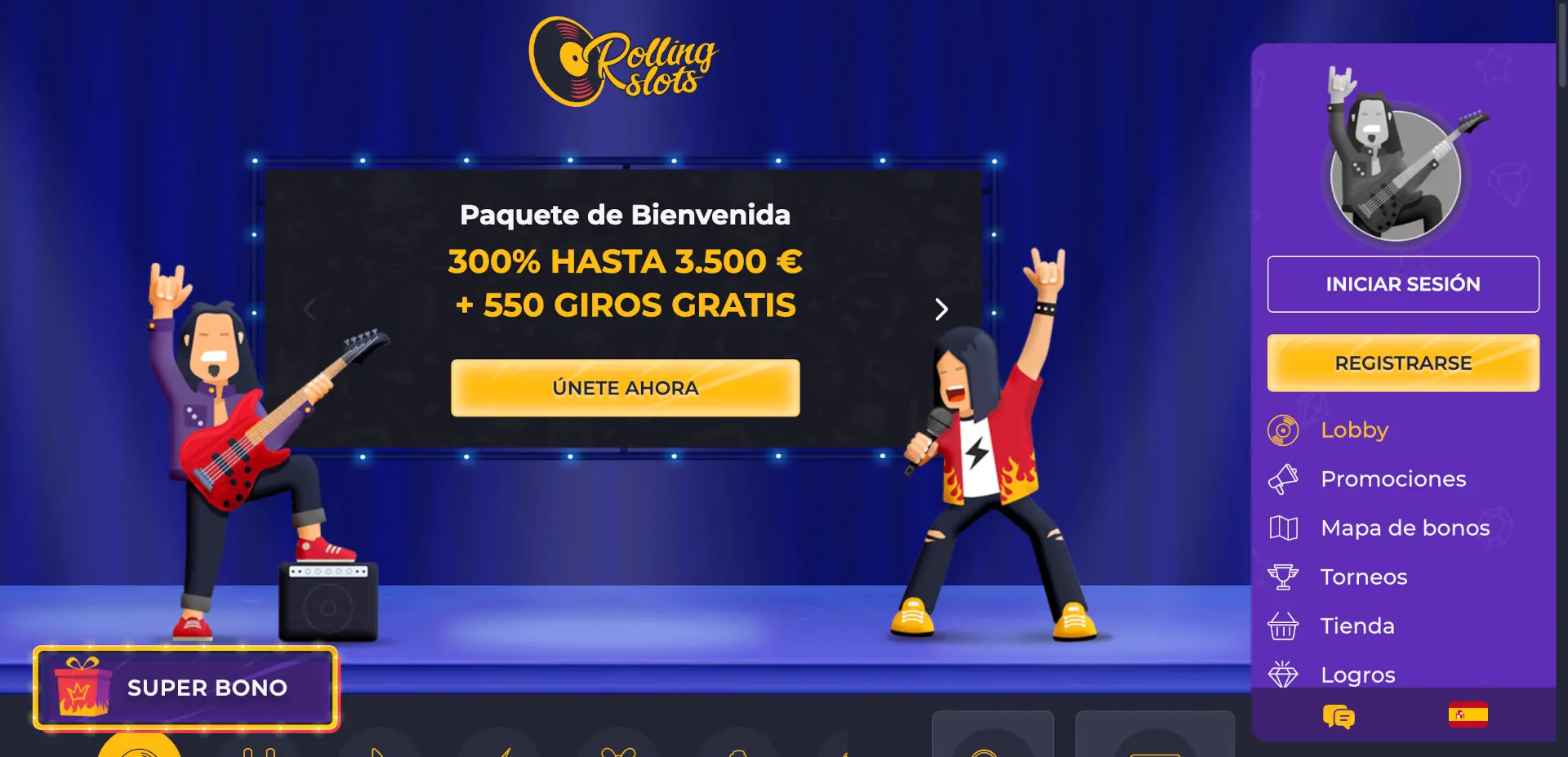 Bono de bienvenida del 300% hasta 3.500€ y 550 giros gratis de Rolling Slots Casino
