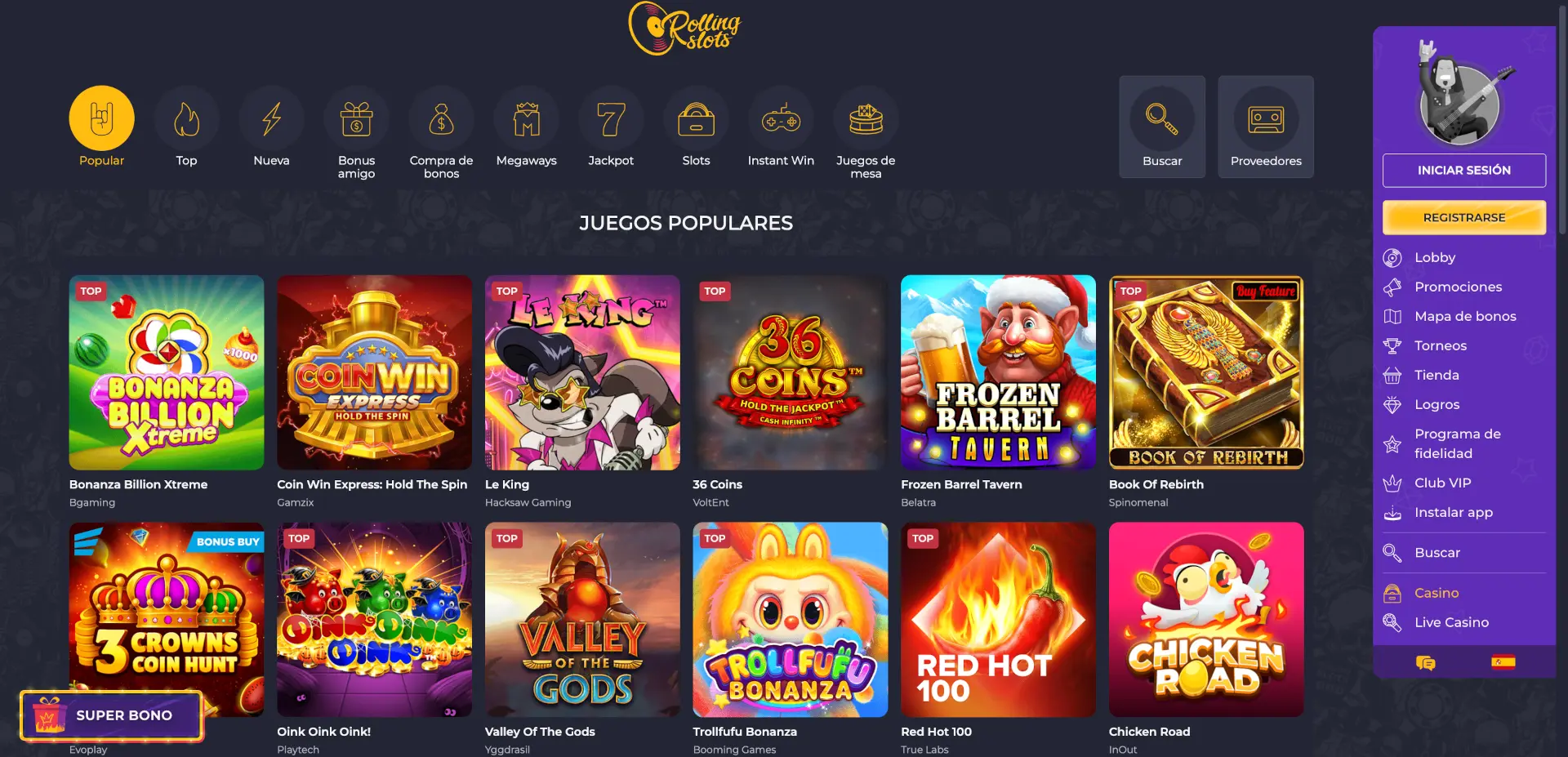 Catálogo de juegos de Rollingslots Casino