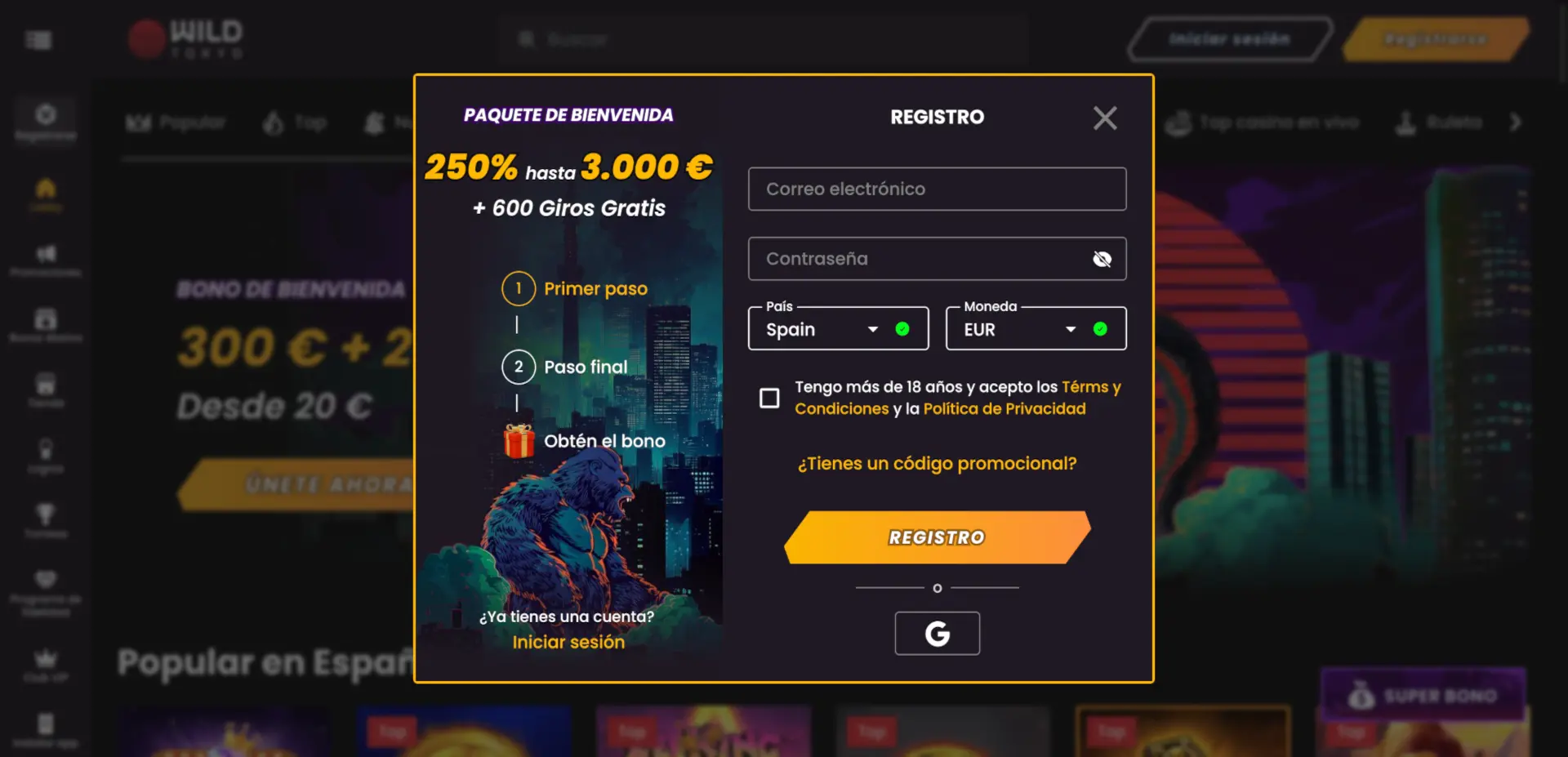 Registro en Wild Tokyo Casino