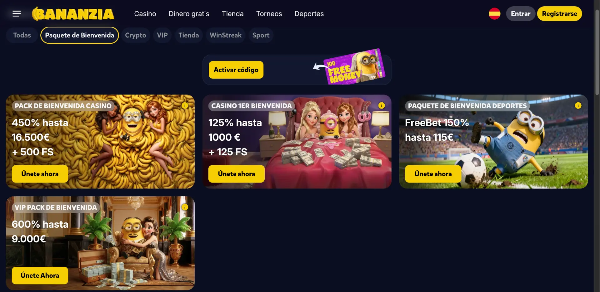 Sección de promociones de Bananzia Casino con las pestañas de bienvenida, cripto, VIP, tienda y deportes