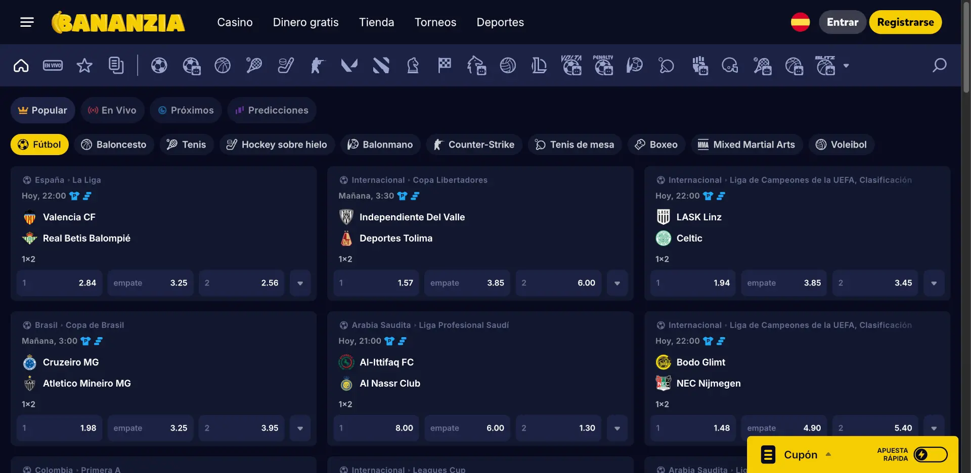 Casa de apuestas de Bananzia con partidos en vivo de fútbol y cuotas