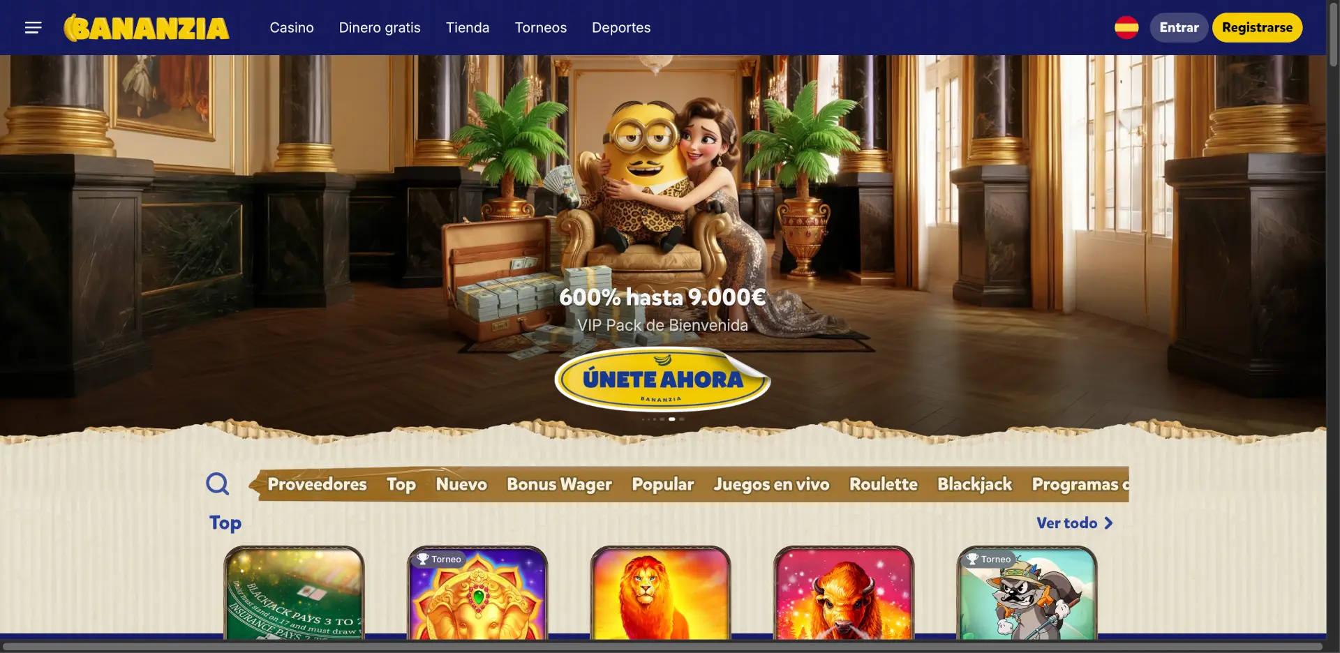 Interfaz de Bananzia Casino con el menú de categorías y el pack VIP del 600%