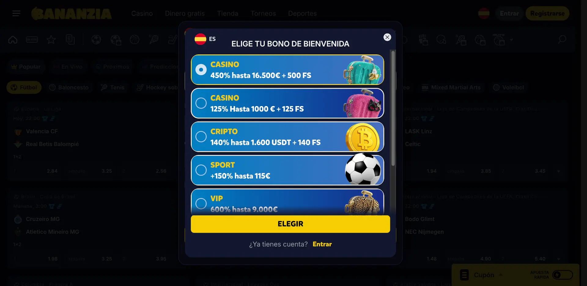 Pantalla de registro de Bananzia Casino para elegir el bono de bienvenida