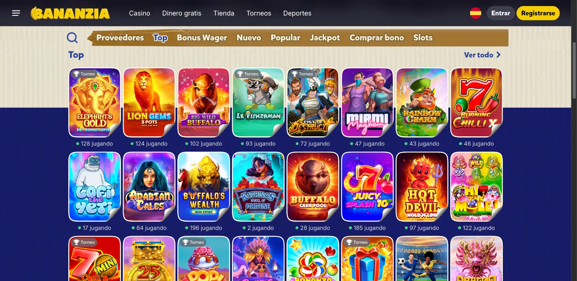 Lobby de juegos top de Bananzia Casino con el número de jugadores en cada tragaperras