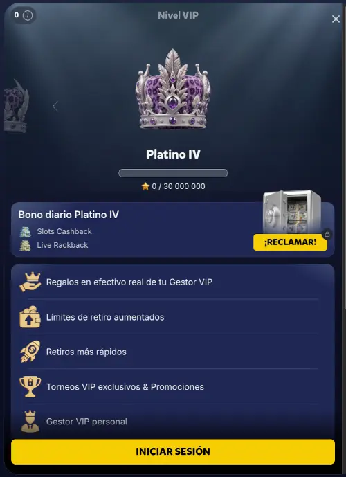 Nivel Platino IV del club VIP de Bananzia Casino con sus ventajas