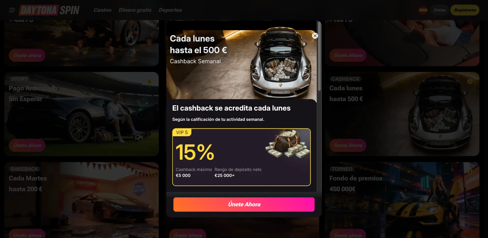 Cashback semanal de Daytonaspin con los porcentajes por nivel VIP