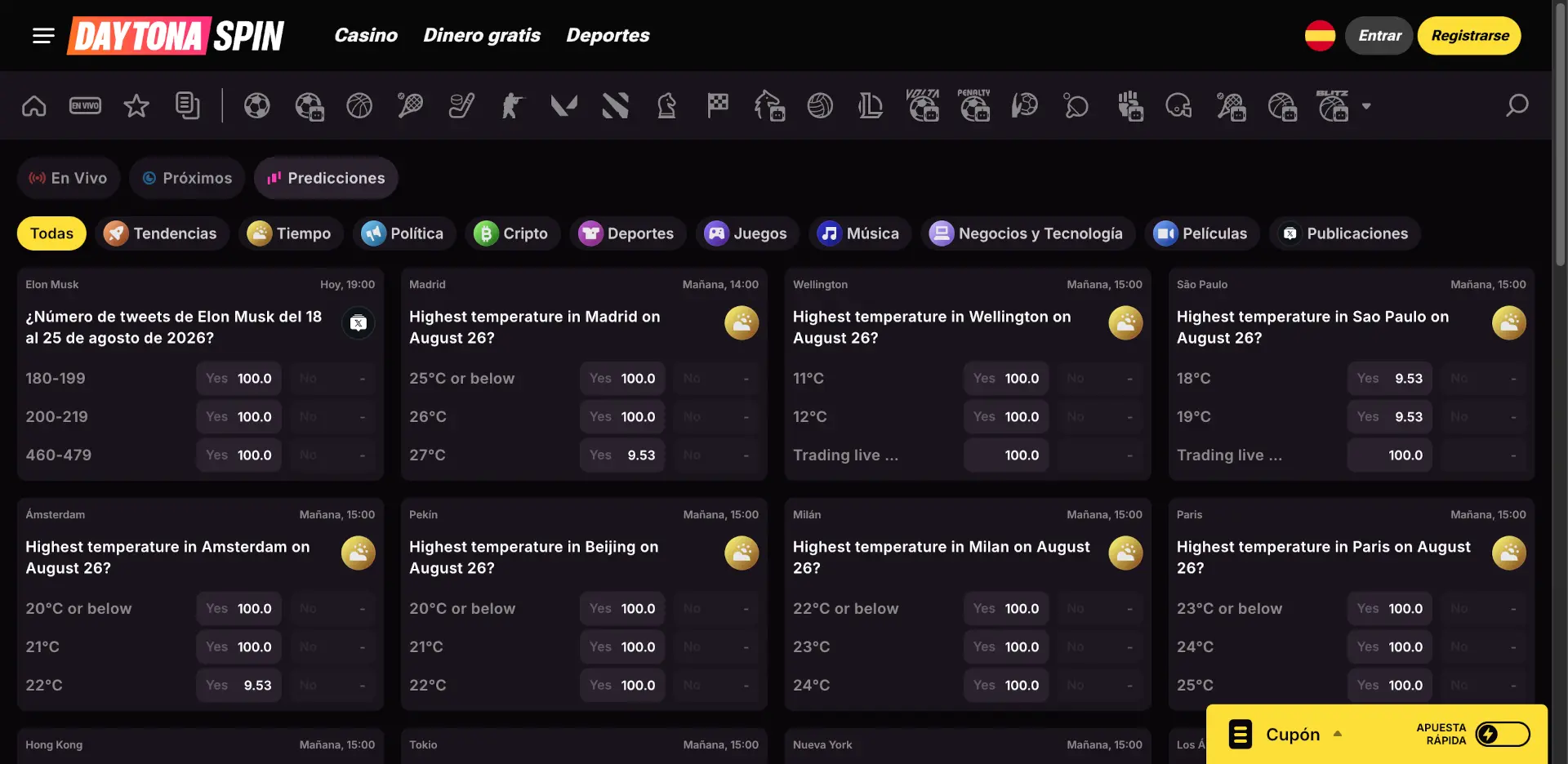 Sección de predicciones de Daytonaspin con mercados de política, clima y criptomonedas