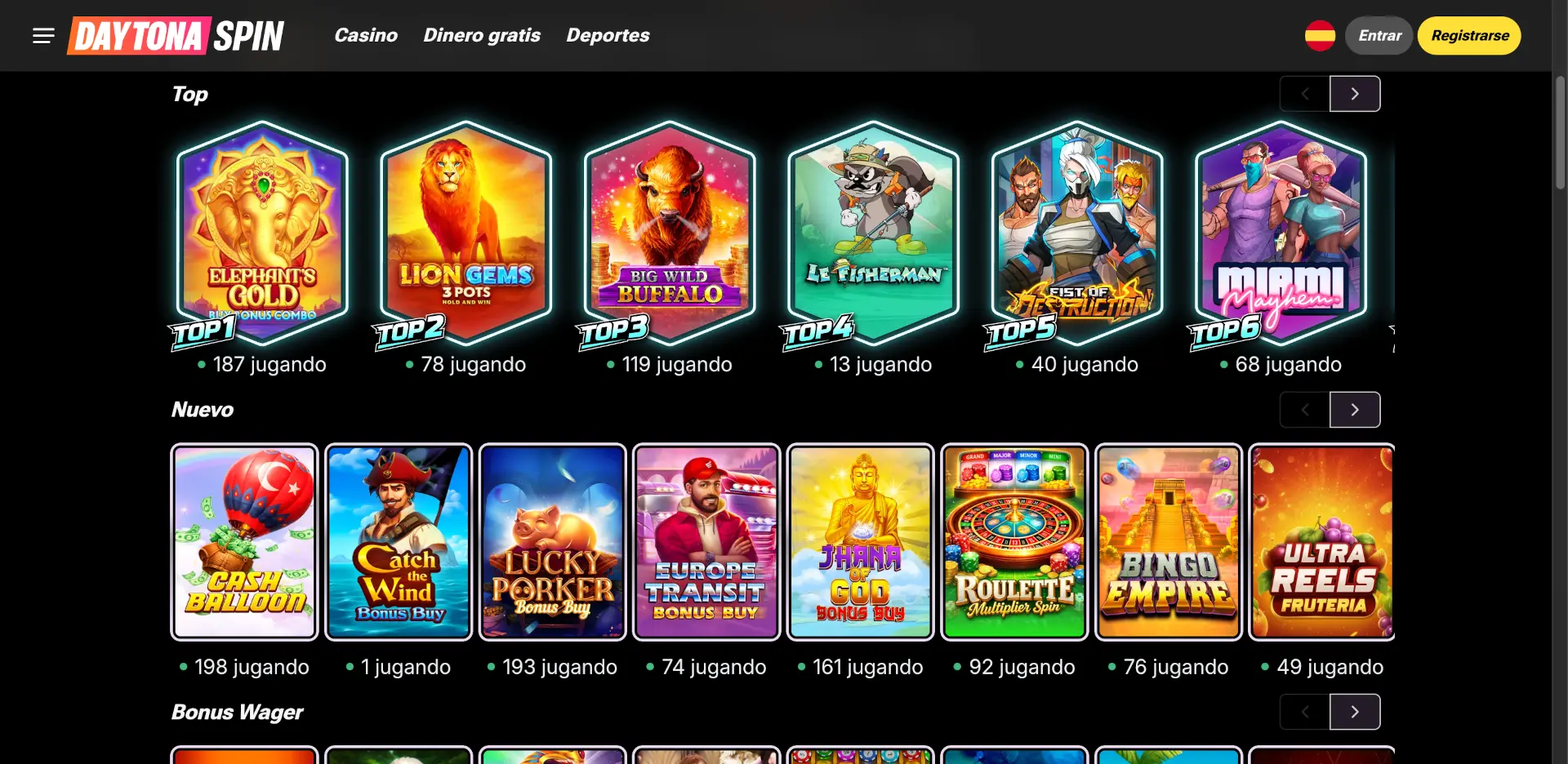 Lobby de Daytonaspin con las tragaperras más jugadas y el número de jugadores activos