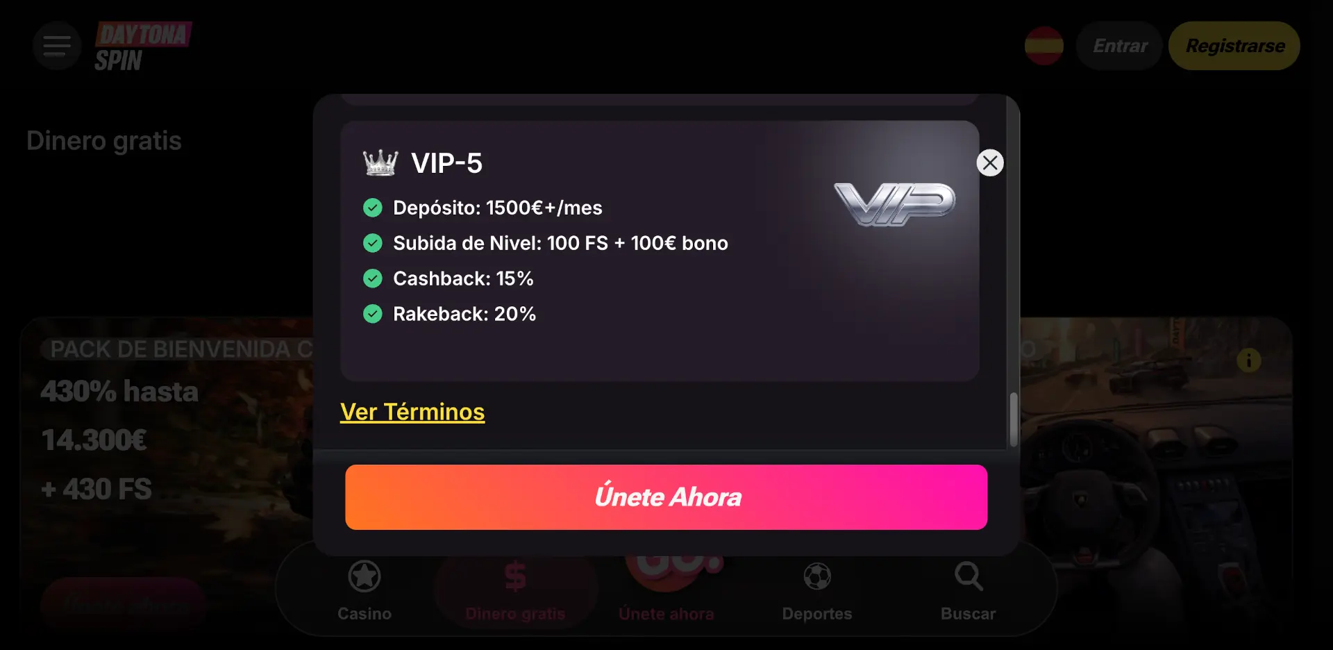 Nivel VIP-5 de Daytonaspin con cashback del 15% y rakeback del 20%