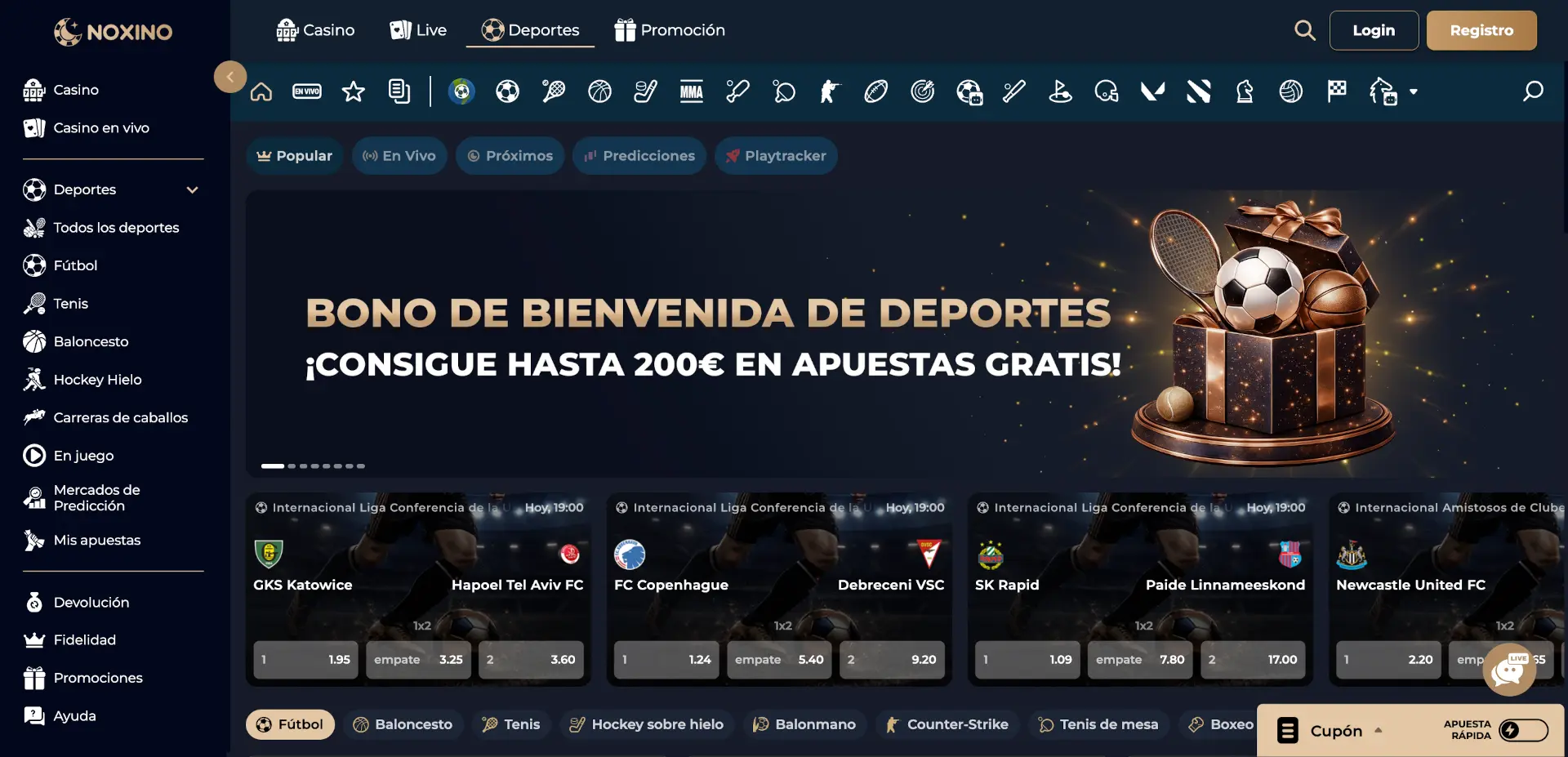 Bono de bienvenida deportivo de hasta 200€ en apuestas gratis de Noxino