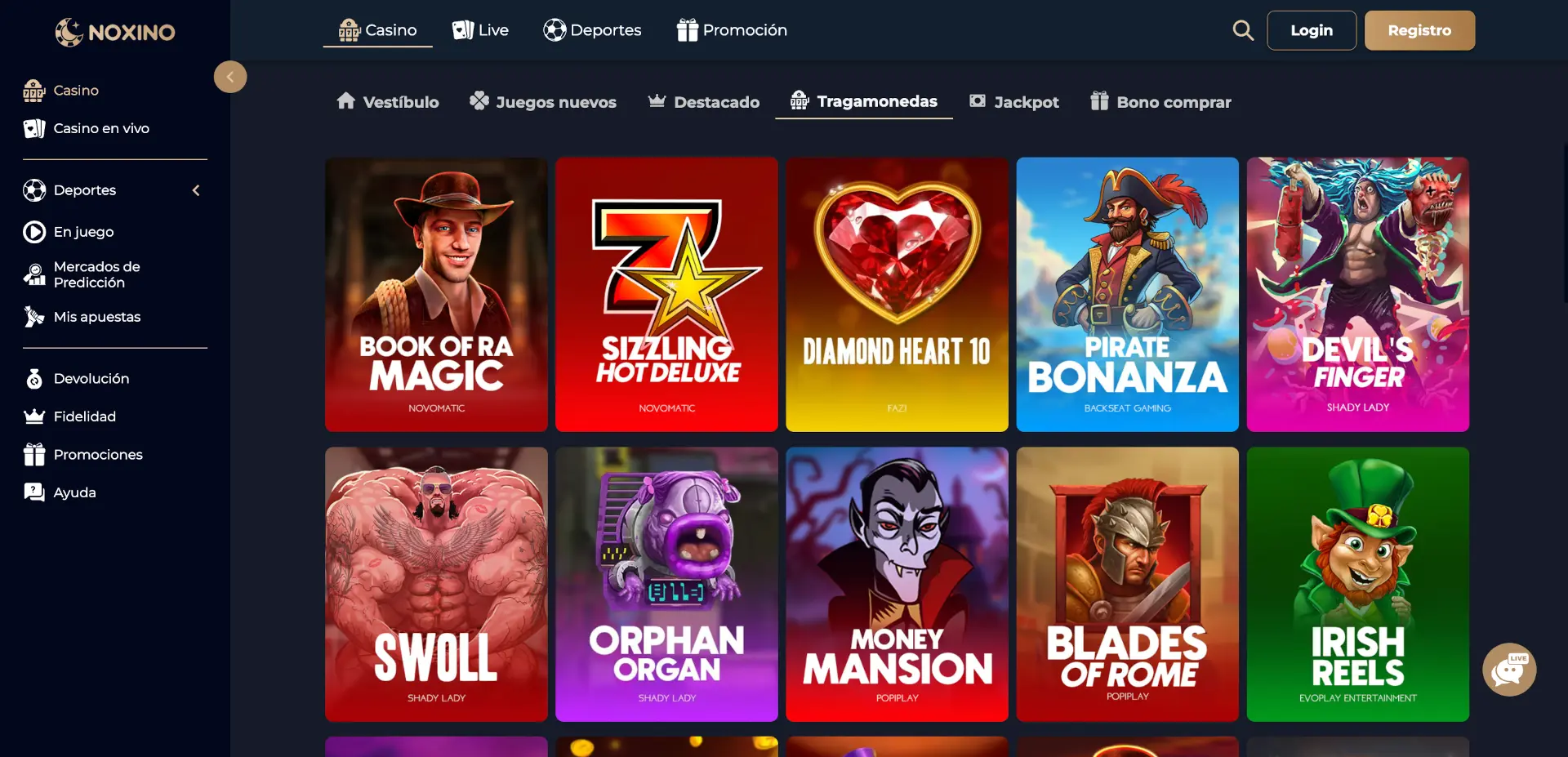 Catálogo de tragaperras, casino en vivo y juegos crash de Noxino Casino