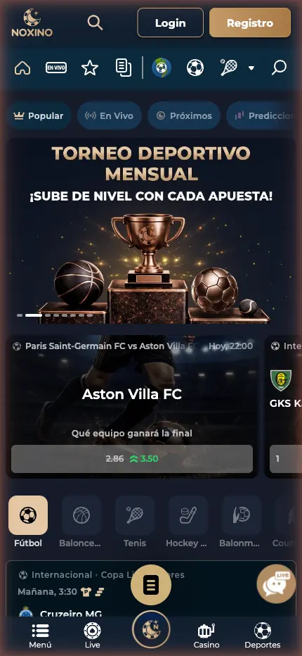 Versión móvil de Noxino Casino en el navegador con casino y apuestas deportivas