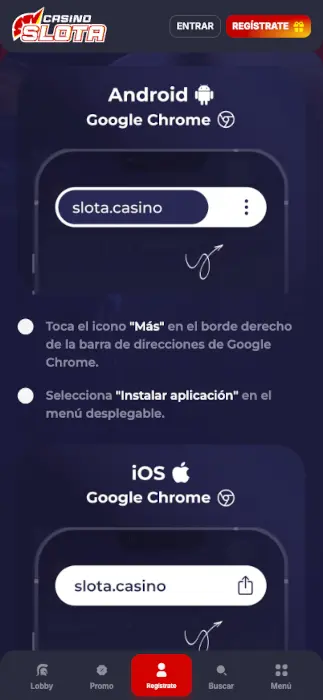 Instrucciones para instalar la app de Slota Casino en Android y iOS desde Google Chrome