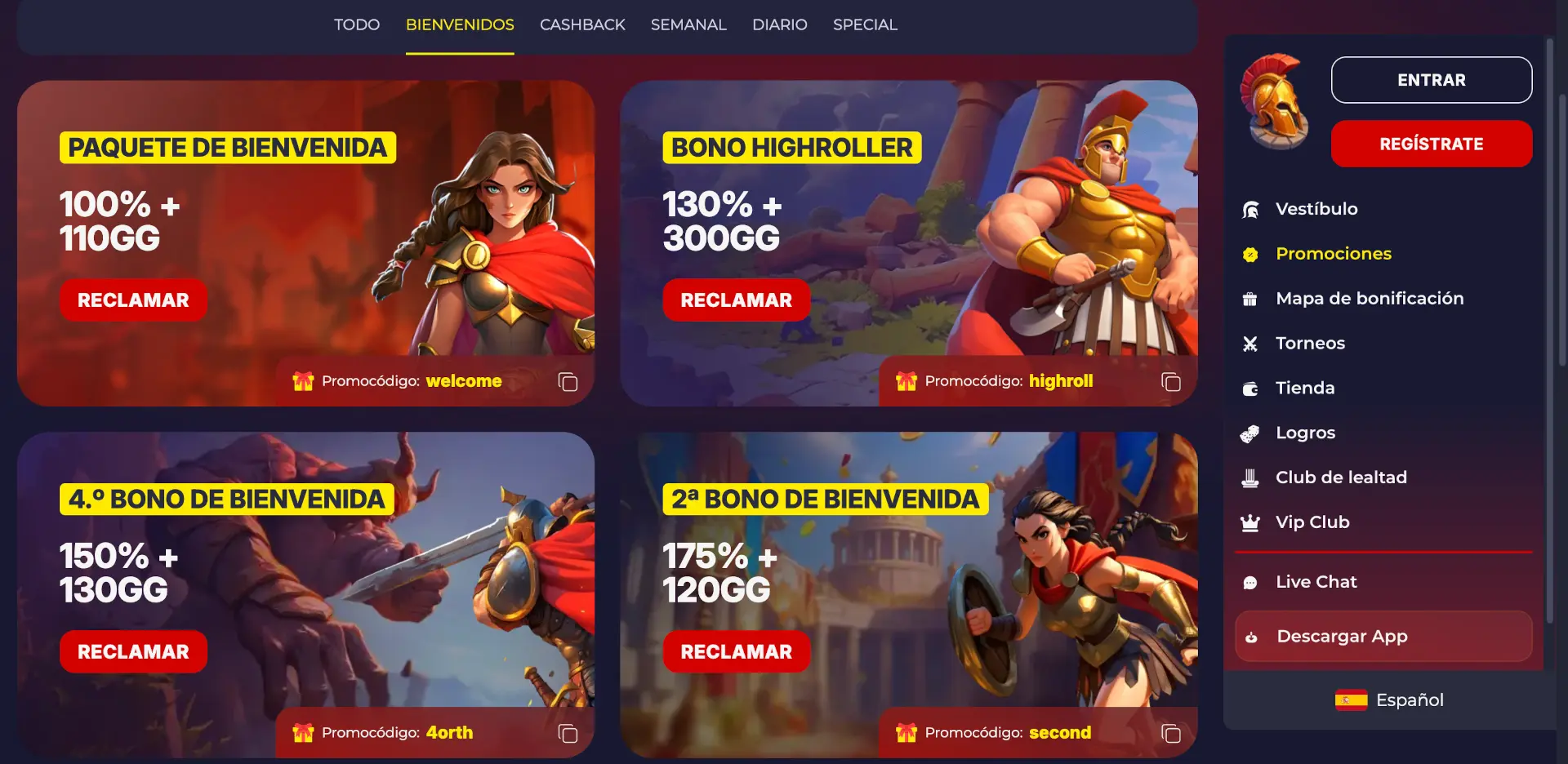 Bonos de bienvenida de Slota Casino con los códigos promocionales welcome y highroll
