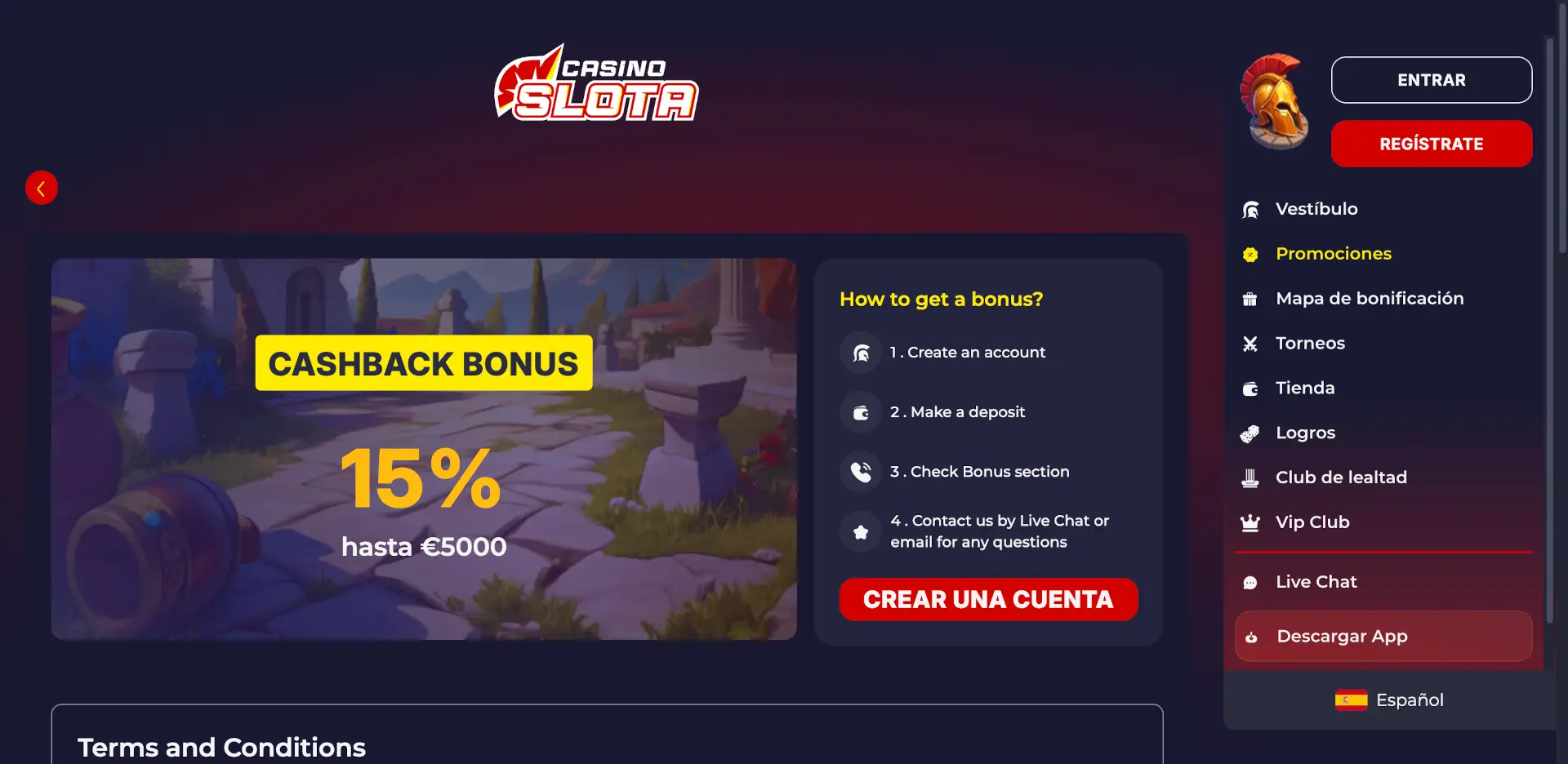 Bono cashback de Slota Casino del 15% hasta 5.000€