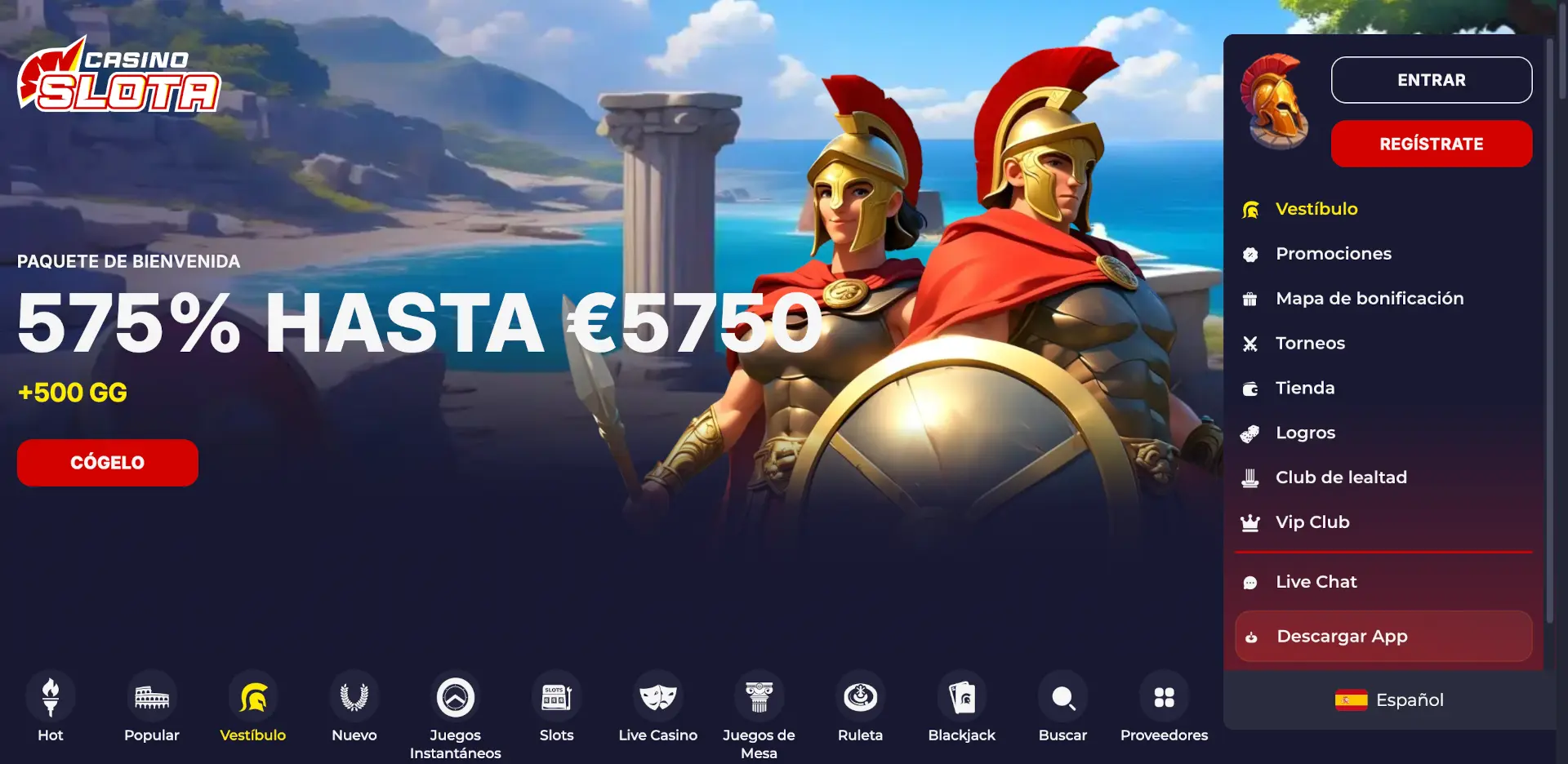 Página principal de Slota Casino con el paquete de bienvenida del 575% hasta 5.750€