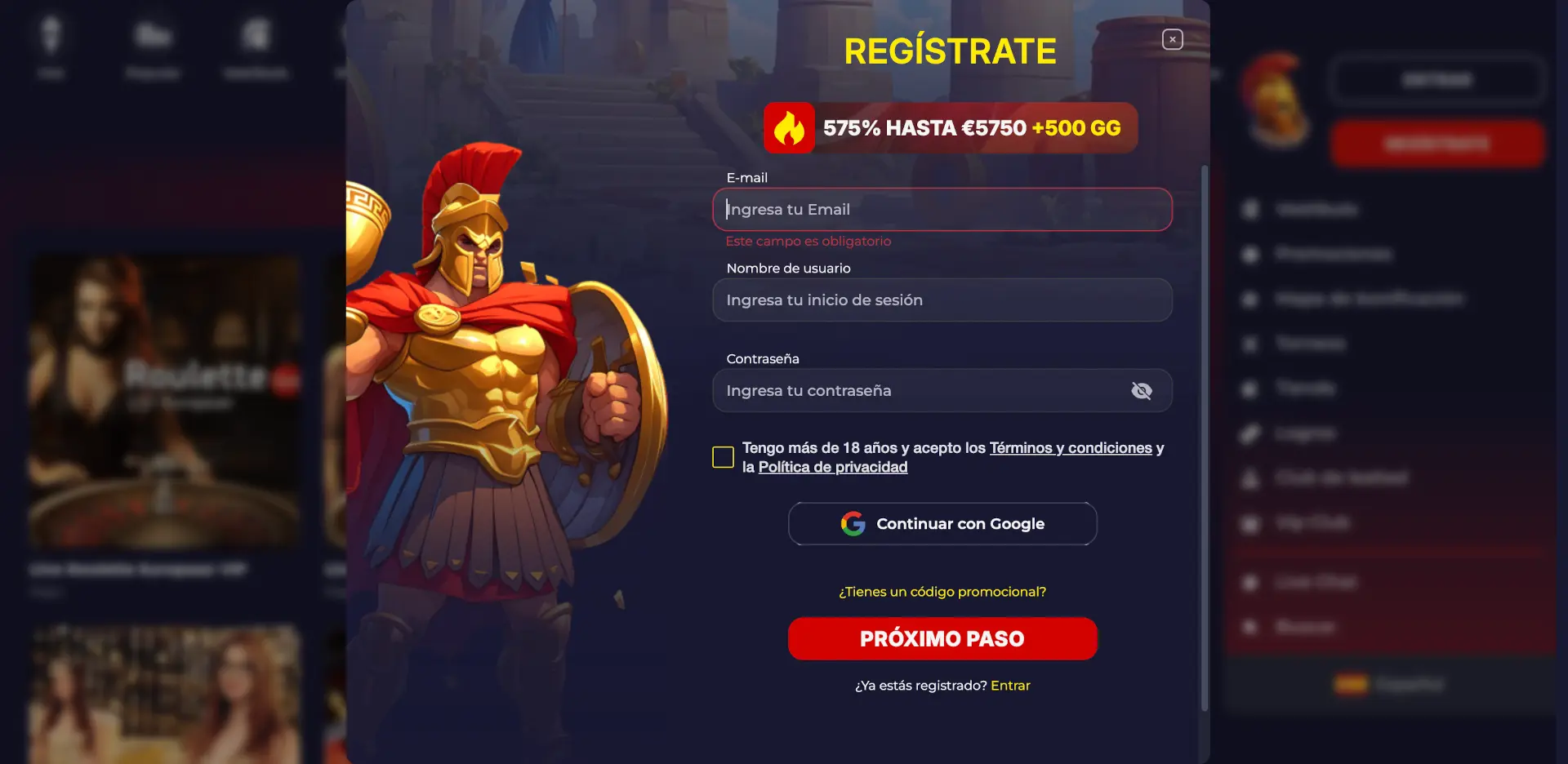 Formulario de registro de Slota Casino con correo, usuario, contraseña y código promocional