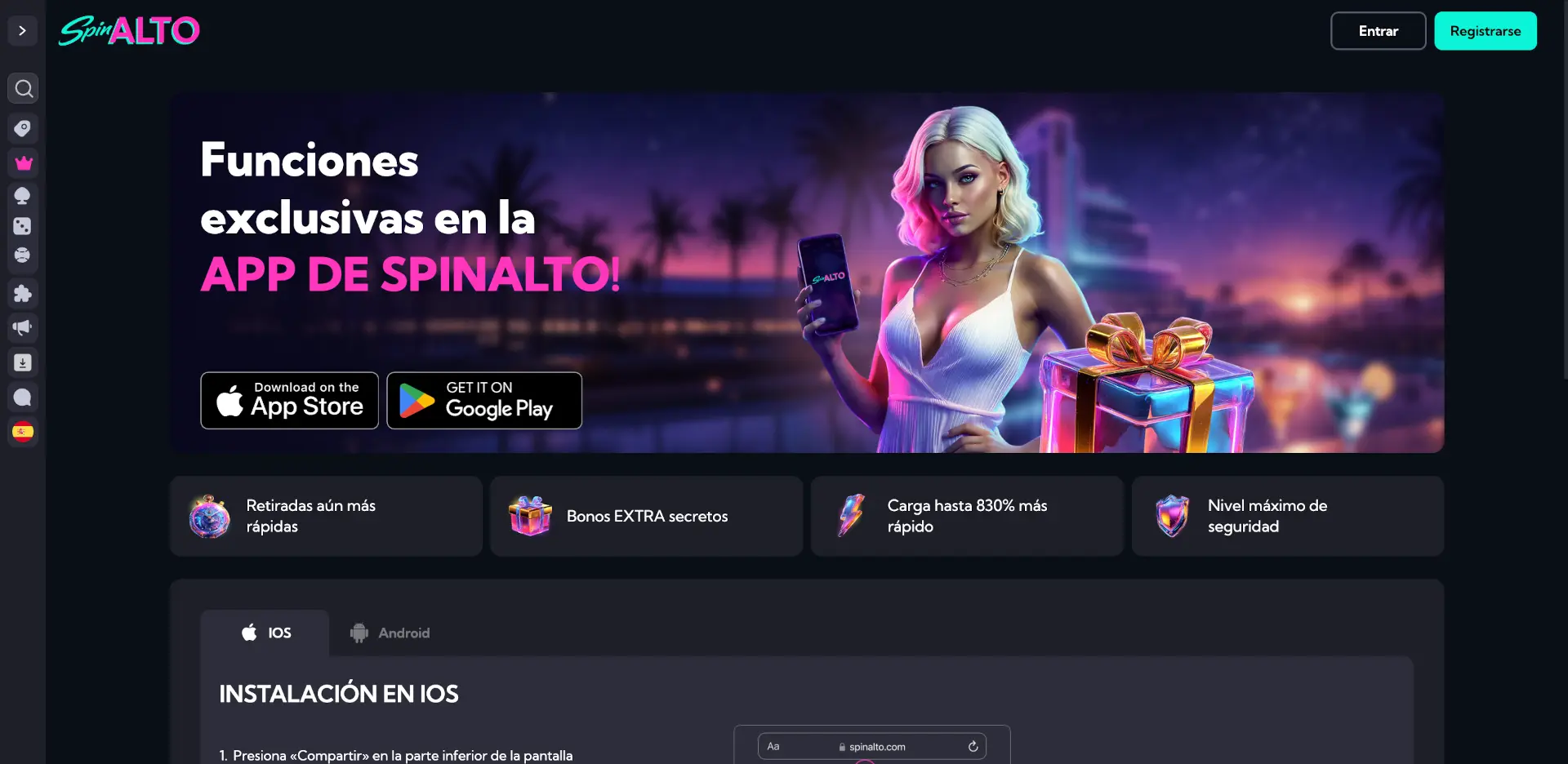 Página de instalación de la aplicación de Spinalto para iOS y Android