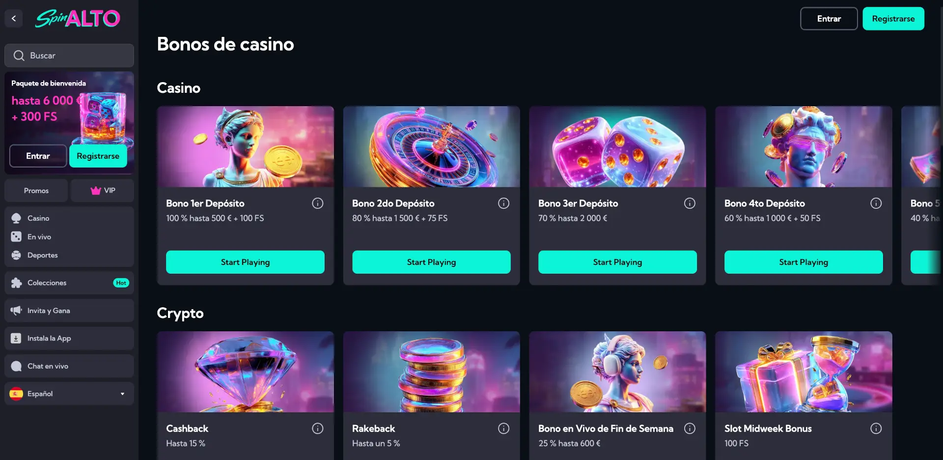 Bonos de casino de Spinalto con los cinco depósitos de bienvenida y las promociones cripto